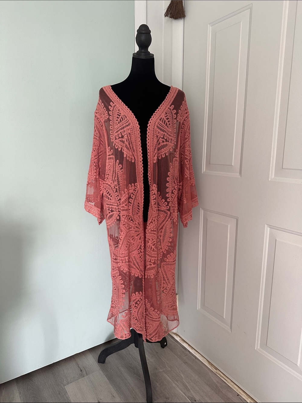 Sheer Coral Lace Kimono Cover-Up